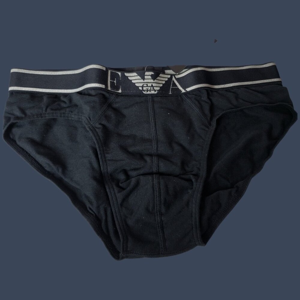 Emporio Armani Mens Modal Briefs  Stylish Logo Waistband Black/Beige Medium - Picture 2 of 9